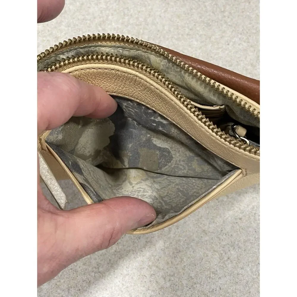 Elliott Lucca Pebbled Leather Envelope Clutch Wallet Turn Lock Purse Brown/Cream